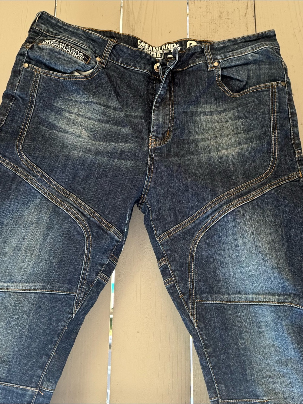 Men's Moto Jeans in Washed Dark Blue by Dreamland - 38x32